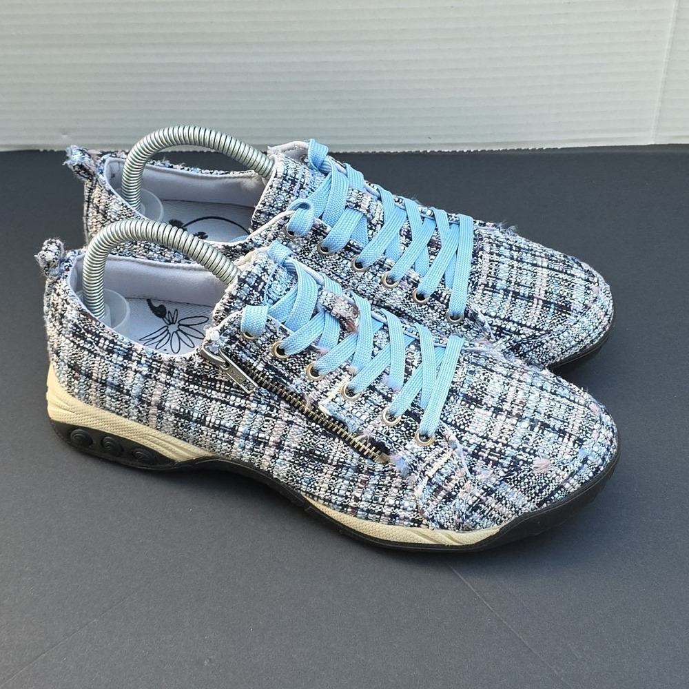 Therafit Sienna Side‎ Zip Sport Casual Lt. Blue Plaid Shoes Sz 9